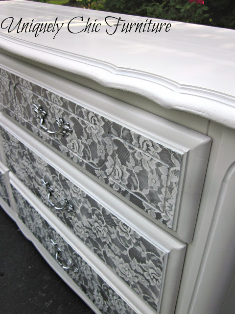 furniture makeover ideas:dresser with silver spray paint over lace