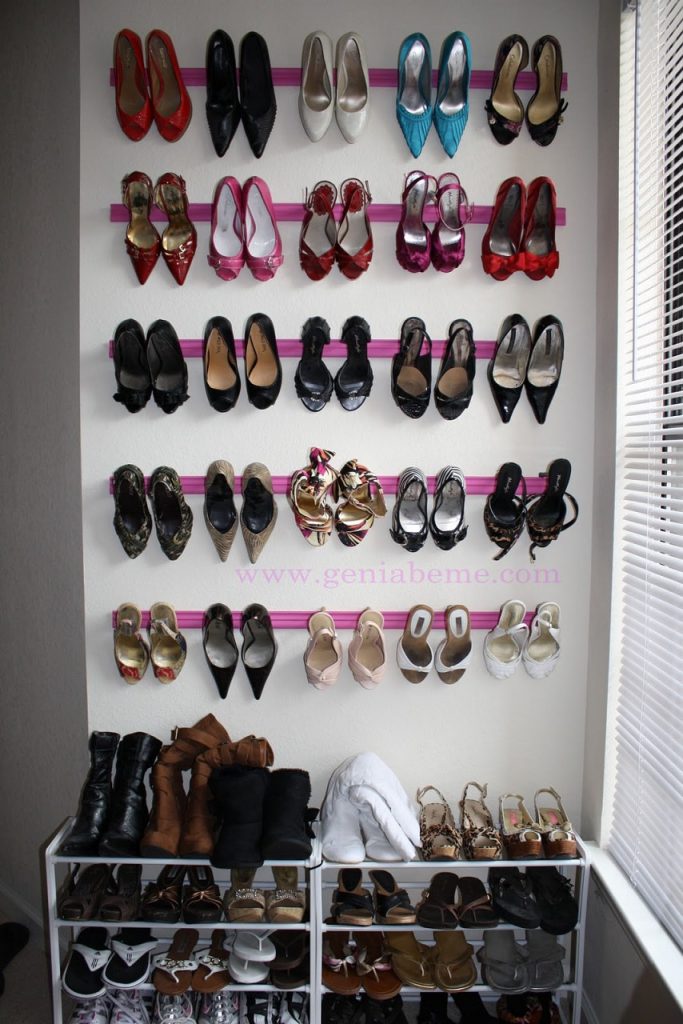 bedroom orginazation hacks: crown moulding shoe storage