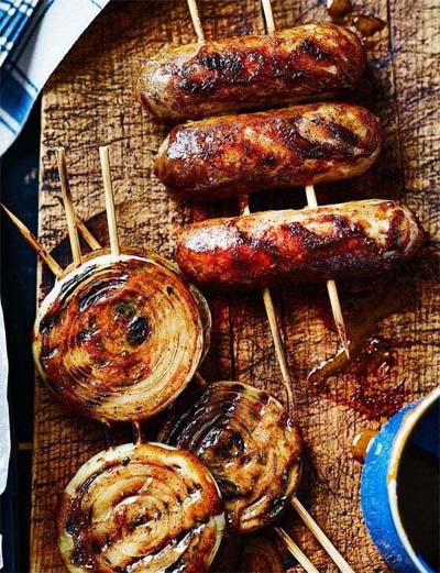 BBQ Recipes: Sticky-Glazed Sausages & Onion Rings